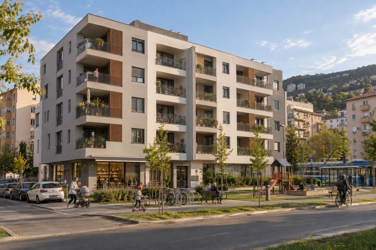 Nova stambena zgrada u gradskom naselju, s igralištem i parkom